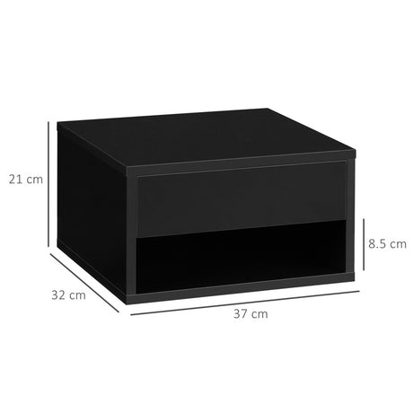 HOMCOM 2 Pieces Bedside Table Wall Mounted Nightstand with Drawer and Shelf for Bedroom, 37 x 32 x 21cm, High Gloss Black