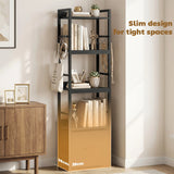 HOMCOM 4-Tier Bookshelf, Narrow Bookcase with Drawer, 8 Hooks, Metal Frame, Black