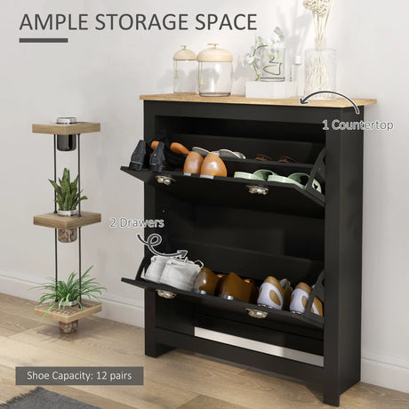 HOMCOM 2 Drawer Shoe Cabinet Modern Narrow Shoe Cupboard Hallway Wooden Storage Organiser with Flip Doors Adjustable Shelf for 6-12 Pairs, Black
