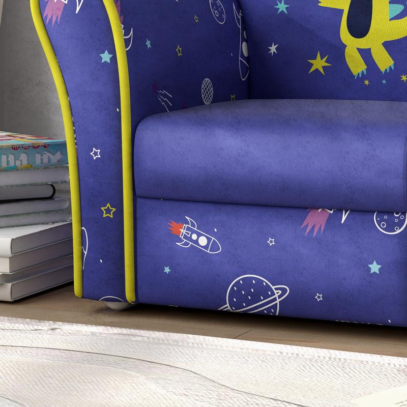 AIYAPLAY Kids Armchair with Planet Dinosaurs Design, Wooden Frame, for Bedroom, Playroom, Kids Room, Blue