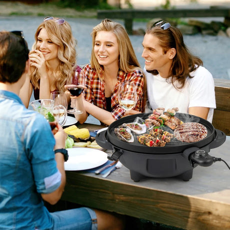 Indoor Outdoor Grill with 2-Zone Non-Stick Grilling Plate-Black