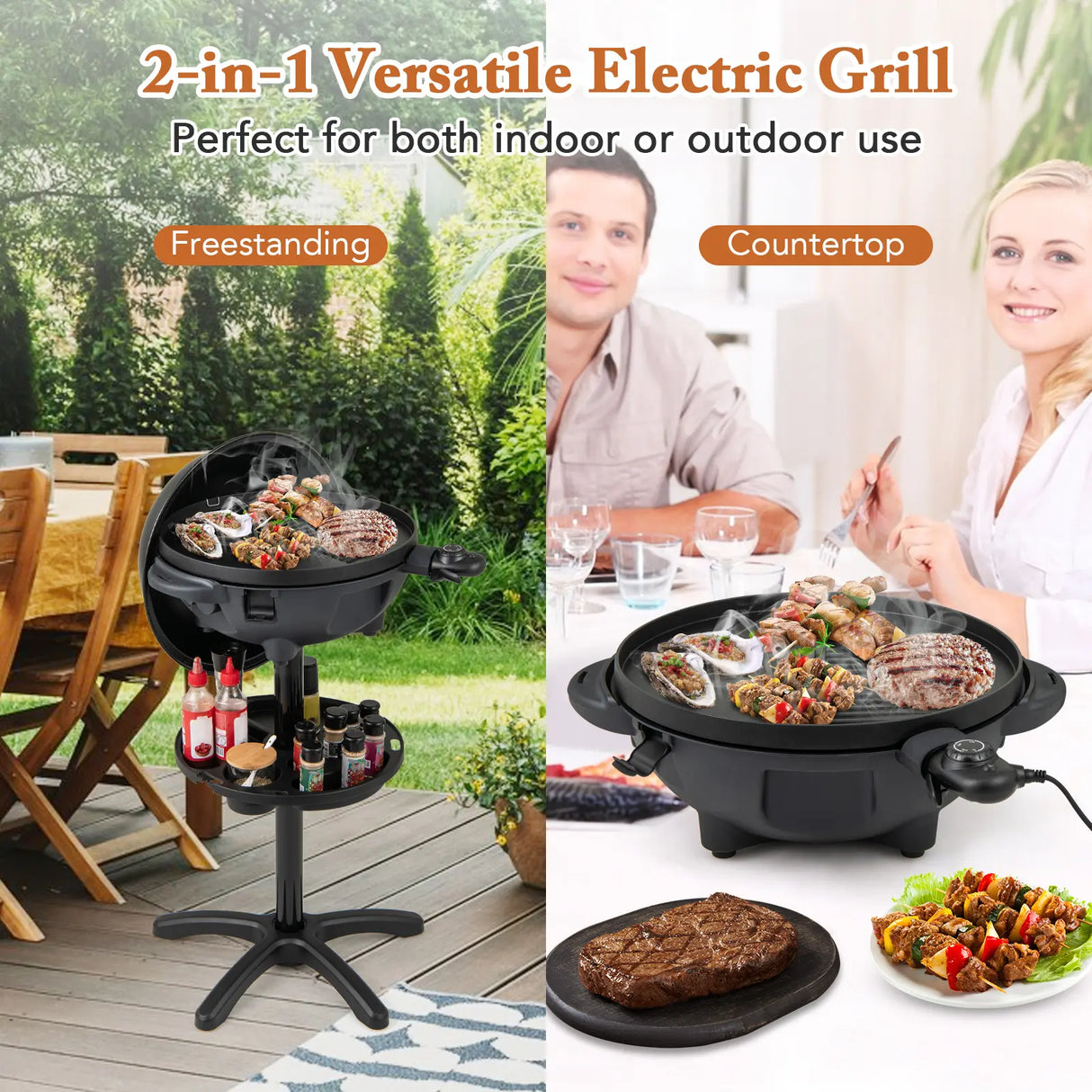 Indoor Outdoor Grill with 2-Zone Non-Stick Grilling Plate-Black
