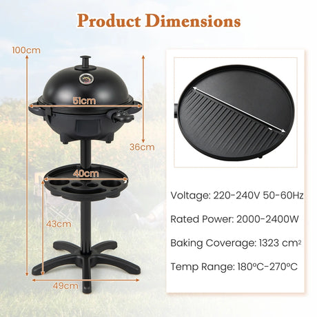Indoor Outdoor Grill with 2-Zone Non-Stick Grilling Plate-Black