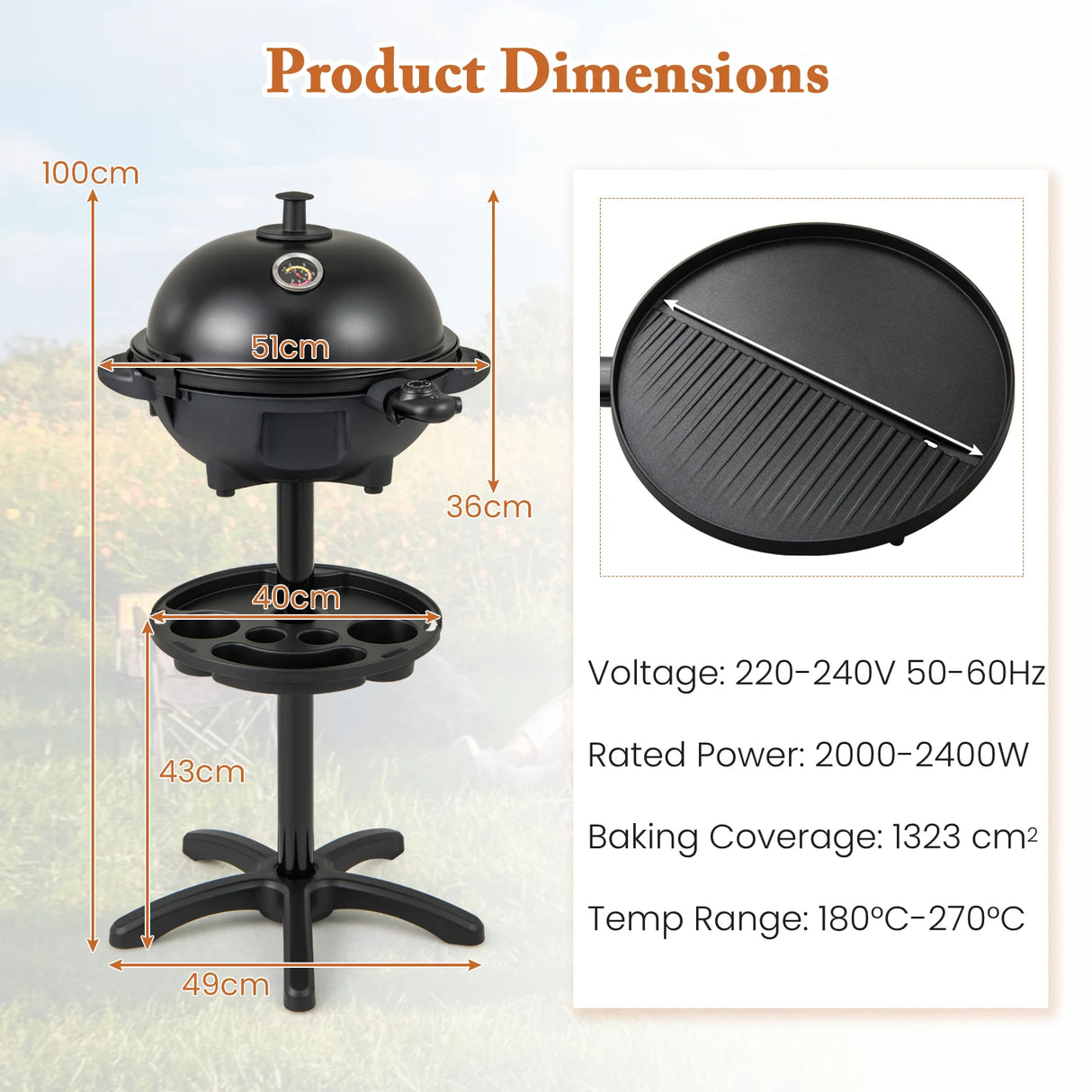Indoor Outdoor Grill with 2-Zone Non-Stick Grilling Plate-Black
