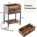 Nightstand with Charging Station Storage Drawer and Open Shelf-Rustic Brown