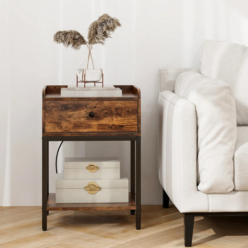Nightstand with Charging Station Storage Drawer and Open Shelf-Rustic Brown