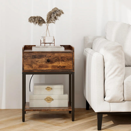 Nightstand with Charging Station Storage Drawer and Open Shelf-Rustic Brown