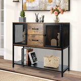 Industrial Buffet Sideboard with 2 Metal Mesh Cabinets for Living Room & Kitchen