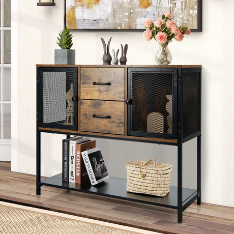 Industrial Buffet Sideboard with 2 Metal Mesh Cabinets for Living Room & Kitchen