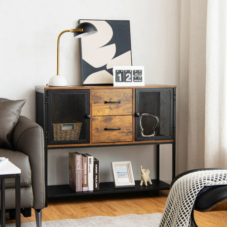 Industrial Buffet Sideboard with 2 Metal Mesh Cabinets for Living Room & Kitchen