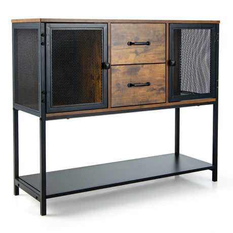 Industrial Buffet Sideboard with 2 Metal Mesh Cabinets for Living Room & Kitchen