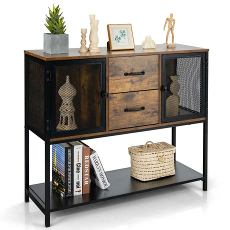 Industrial Buffet Sideboard with 2 Metal Mesh Cabinets for Living Room & Kitchen