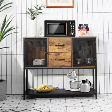 Industrial Buffet Sideboard with 2 Metal Mesh Cabinets for Living Room & Kitchen