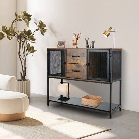 Industrial Buffet Sideboard with 2 Metal Mesh Cabinets for Living Room & Kitchen