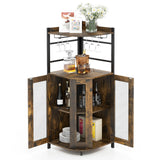 Industrial Corner Bar Cabinet with Glass Holder and Adjustable Shelf-Rustic Brown
