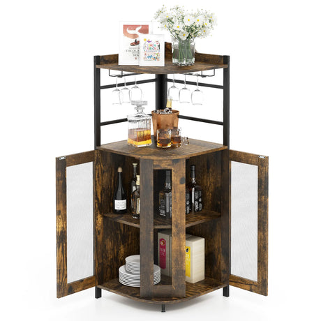 Industrial Corner Bar Cabinet with Glass Holder and Adjustable Shelf-Rustic Brown
