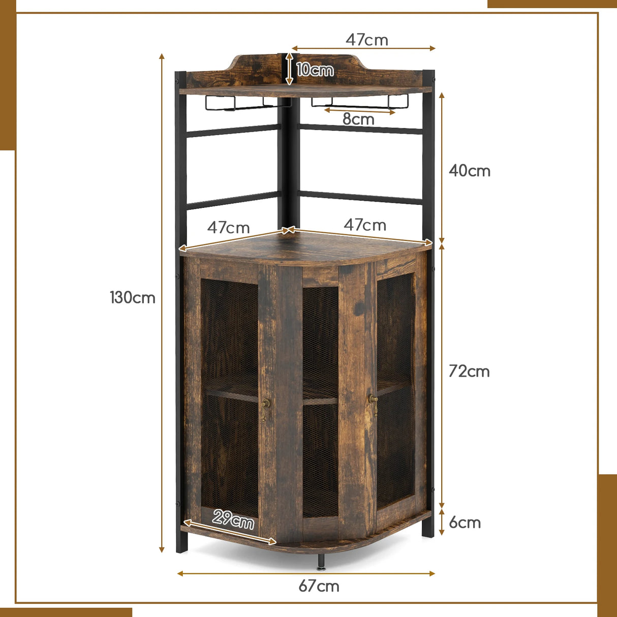 Industrial Corner Bar Cabinet with Glass Holder and Adjustable Shelf-Rustic Brown