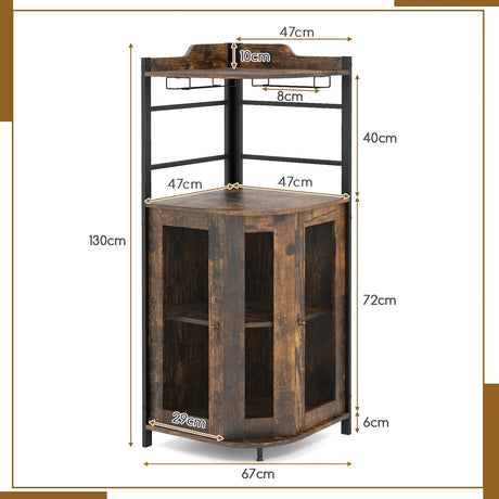 Industrial Corner Bar Cabinet with Glass Holder and Adjustable Shelf-Rustic Brown