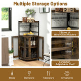 Industrial Corner Bar Cabinet with Glass Holder and Adjustable Shelf-Rustic Brown