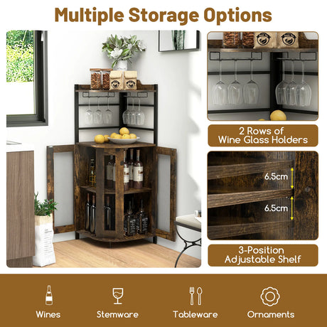 Industrial Corner Bar Cabinet with Glass Holder and Adjustable Shelf-Rustic Brown