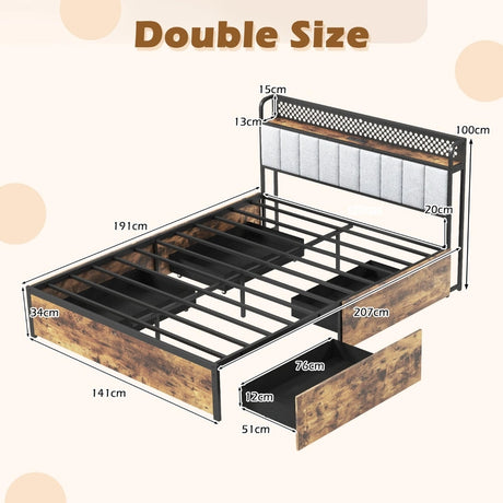Industrial Metal Platform Bed with LED Lights  and USB Power Outlets -Double Size