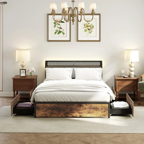 Industrial Metal Platform Bed with LED Lights  and USB Power Outlets -King Size
