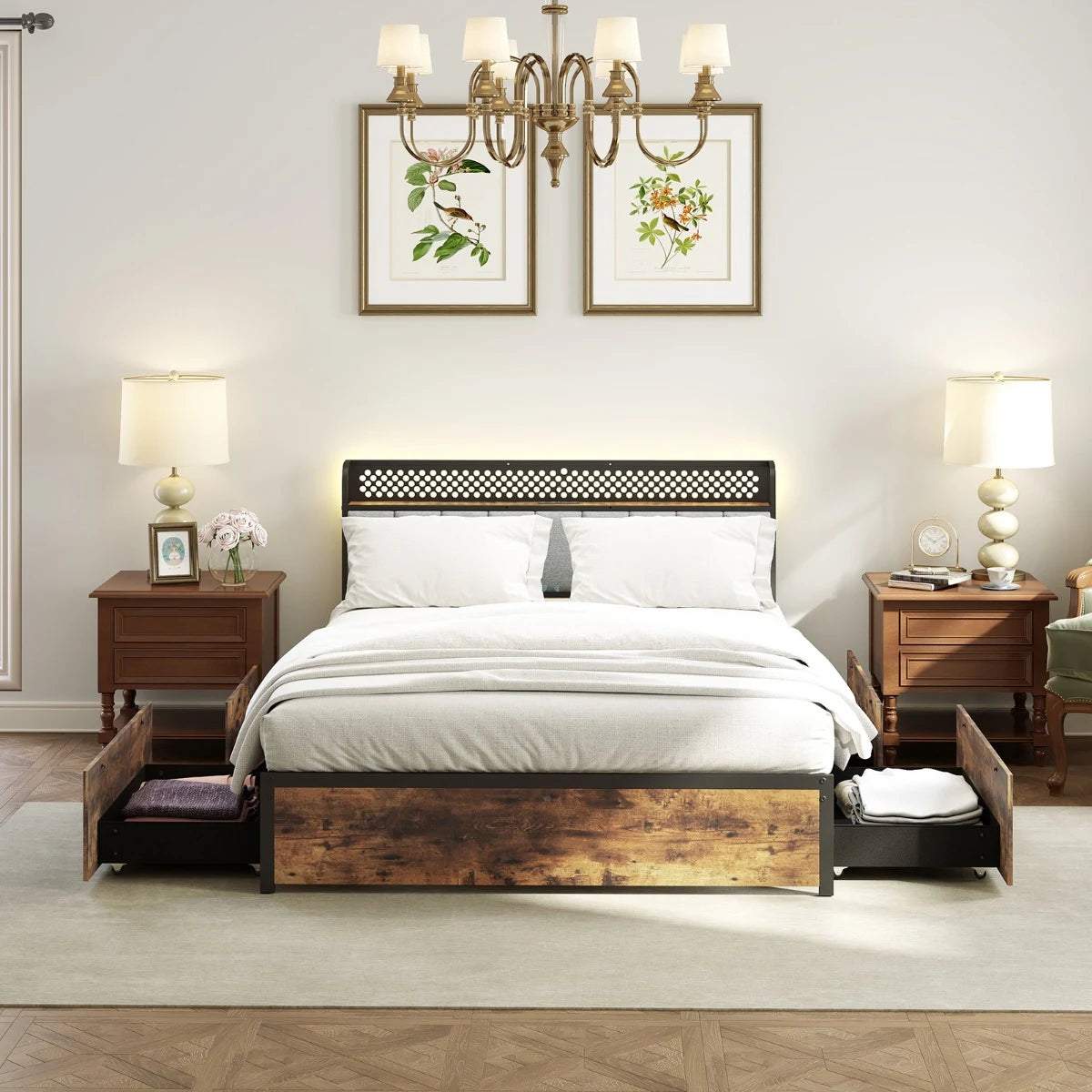 Industrial Metal Platform Bed with LED Lights  and USB Power Outlets -King Size