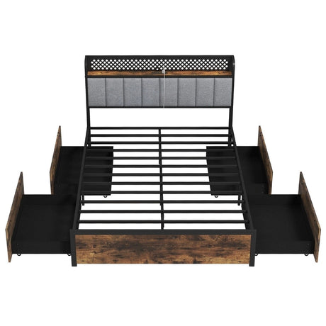 Industrial Metal Platform Bed with LED Lights  and USB Power Outlets -King Size
