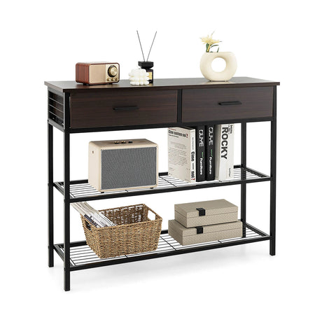100cm Console Table with 2 Drawers &amp; 2-Tier Shelves &amp; Anti-Toppling Design-Coffee