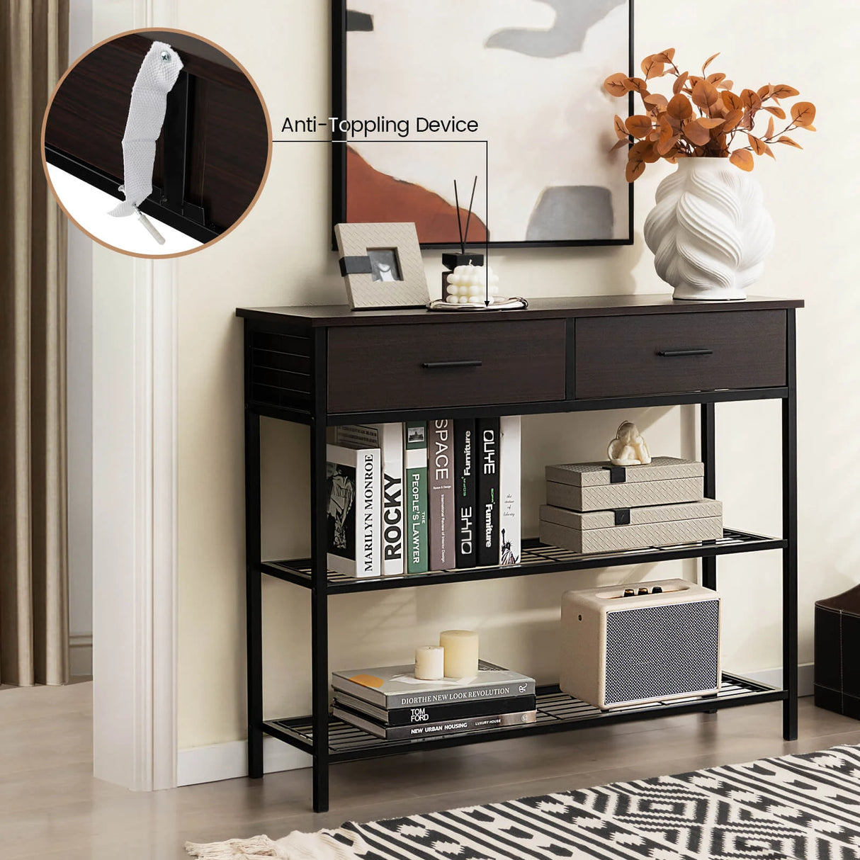 100cm Console Table with 2 Drawers &amp; 2-Tier Shelves &amp; Anti-Toppling Design-Coffee