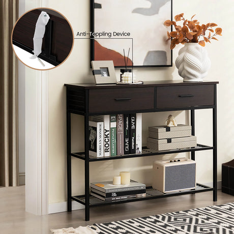100cm Console Table with 2 Drawers &amp; 2-Tier Shelves &amp; Anti-Toppling Design-Coffee