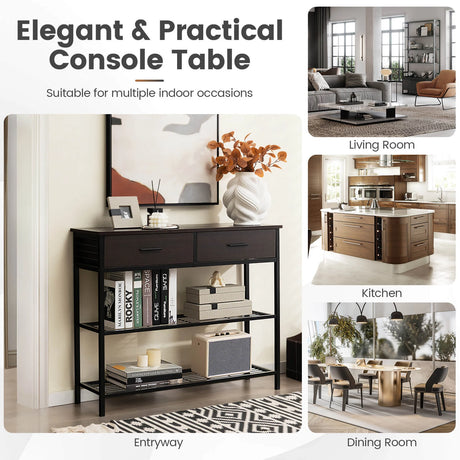 100cm Console Table with 2 Drawers &amp; 2-Tier Shelves &amp; Anti-Toppling Design-Coffee