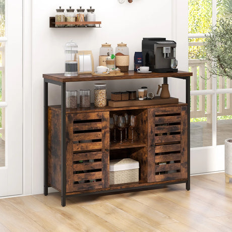 Buffet Cabinet Industrial Sideboard Storage Cabinet with Push-to-Open Slatted Door and 3 Adjustable Shelves-Rustic Brown