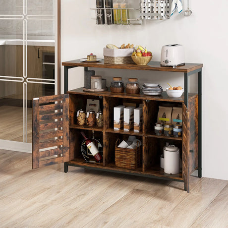 Buffet Cabinet Industrial Sideboard Storage Cabinet with Push-to-Open Slatted Door and 3 Adjustable Shelves-Rustic Brown
