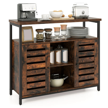 Buffet Cabinet Industrial Sideboard Storage Cabinet with Push-to-Open Slatted Door and 3 Adjustable Shelves-Rustic Brown