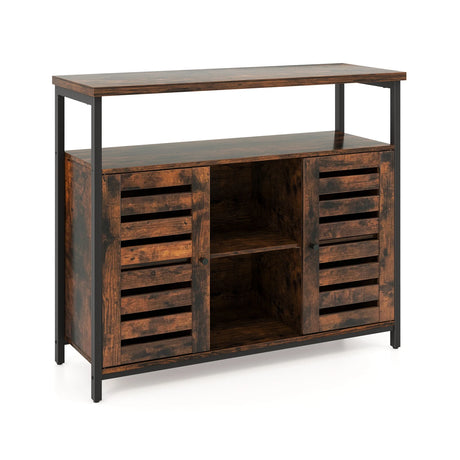 Buffet Cabinet Industrial Sideboard Storage Cabinet with Push-to-Open Slatted Door and 3 Adjustable Shelves-Rustic Brown
