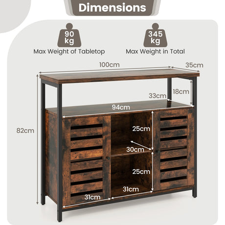 Buffet Cabinet Industrial Sideboard Storage Cabinet with Push-to-Open Slatted Door and 3 Adjustable Shelves-Rustic Brown