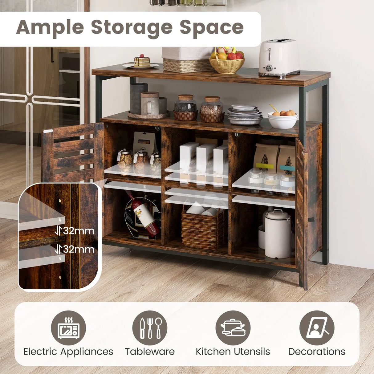 Buffet Cabinet Industrial Sideboard Storage Cabinet with Push-to-Open Slatted Door and 3 Adjustable Shelves-Rustic Brown