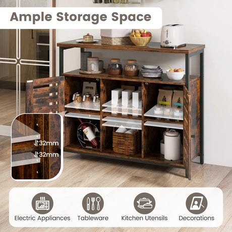Buffet Cabinet Industrial Sideboard Storage Cabinet with Push-to-Open Slatted Door and 3 Adjustable Shelves-Rustic Brown