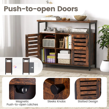 Buffet Cabinet Industrial Sideboard Storage Cabinet with Push-to-Open Slatted Door and 3 Adjustable Shelves-Rustic Brown