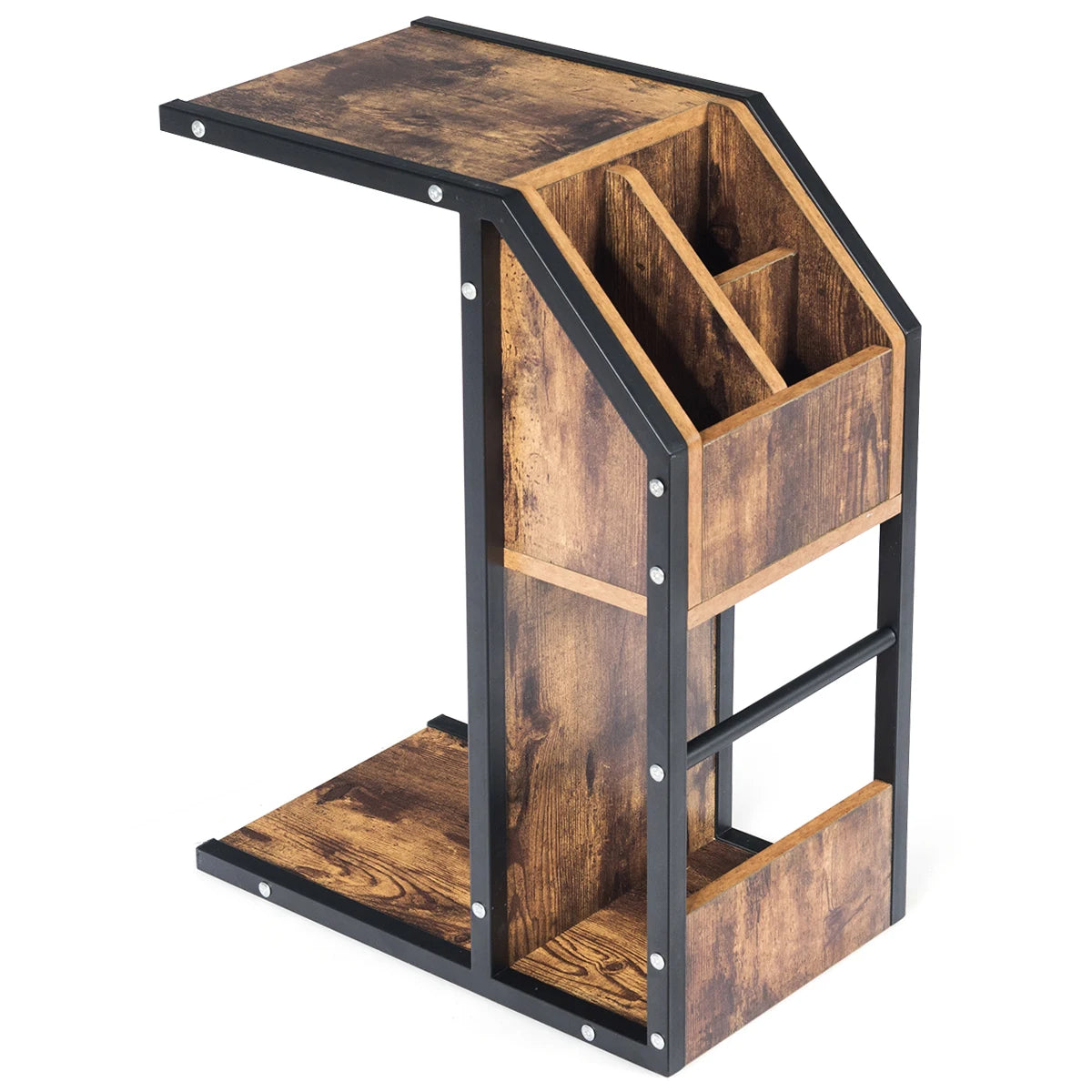 Industrial C-Shape Snack End Table with Storage Space