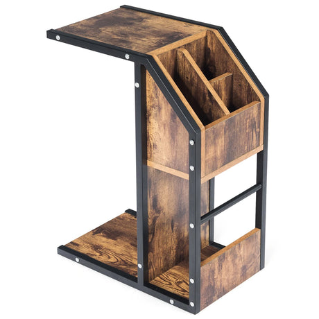 Industrial C-Shape Snack End Table with Storage Space