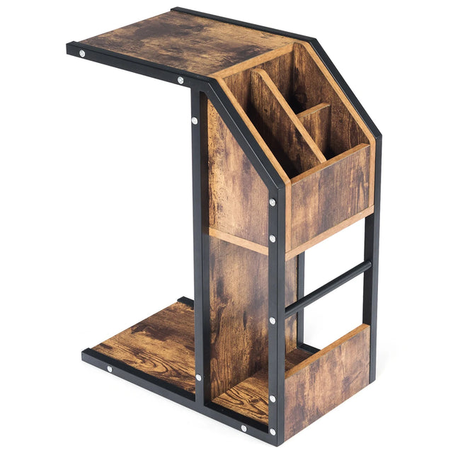 Industrial C-Shape Snack End Table with Storage Space