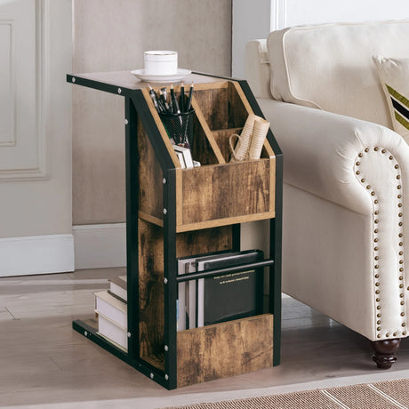 Industrial C-Shape Snack End Table with Storage Space