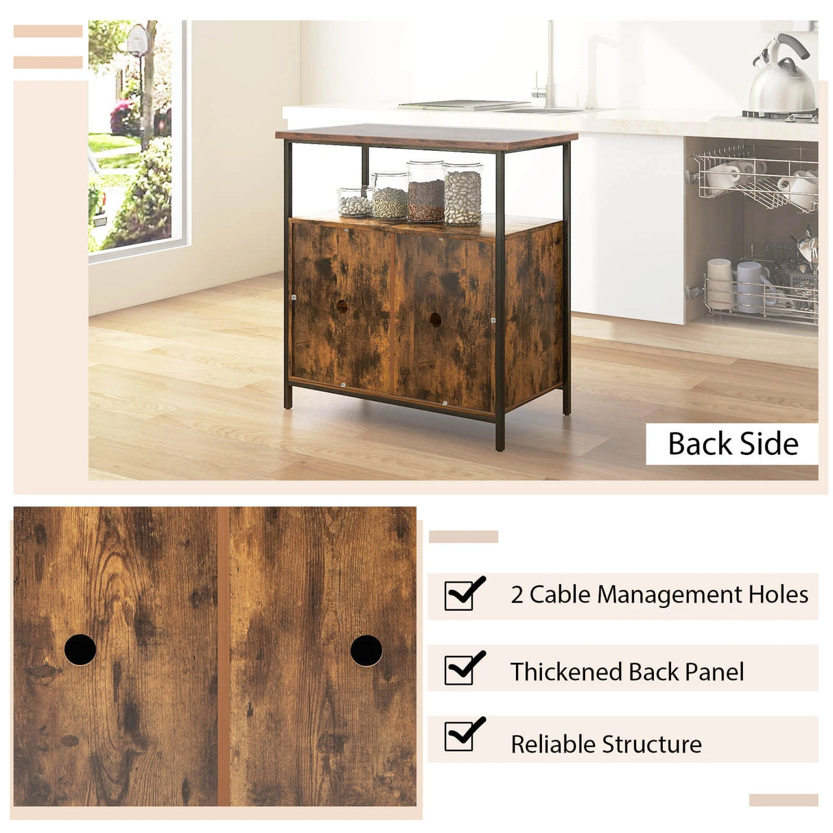 Industrial Sideboard Wooden Storage Cabinet with 2-Door-Rustic Brown
