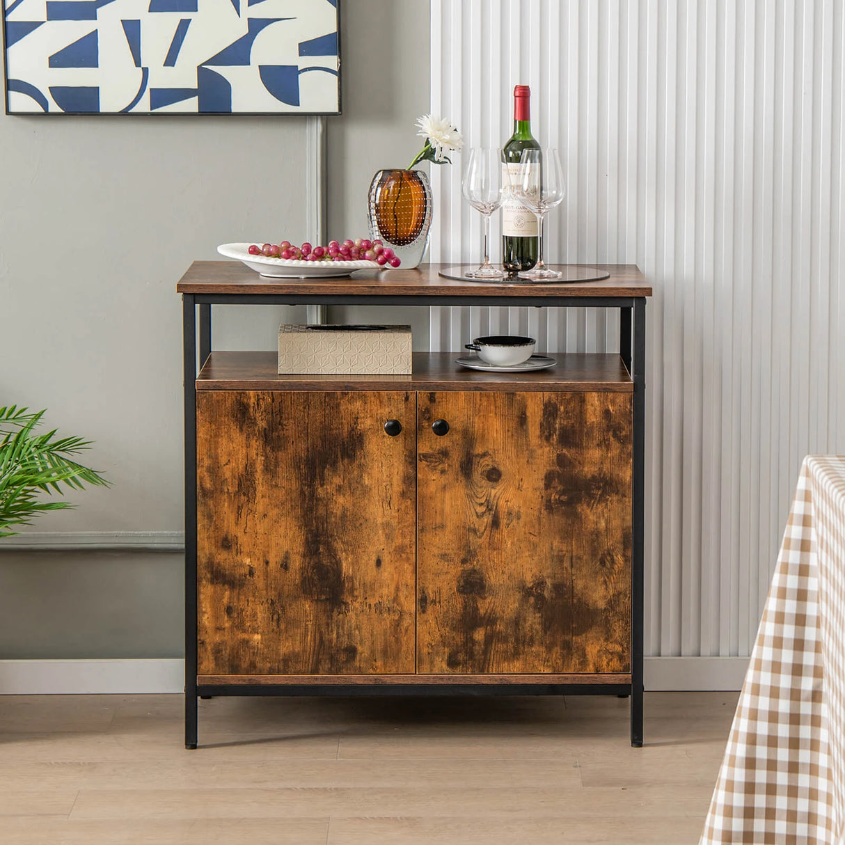 Industrial Sideboard Wooden Storage Cabinet with 2-Door-Rustic Brown