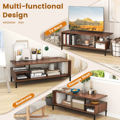 Industrial TV Stand for TVs up to 120 CM with Open Storage Shelves-Walnut