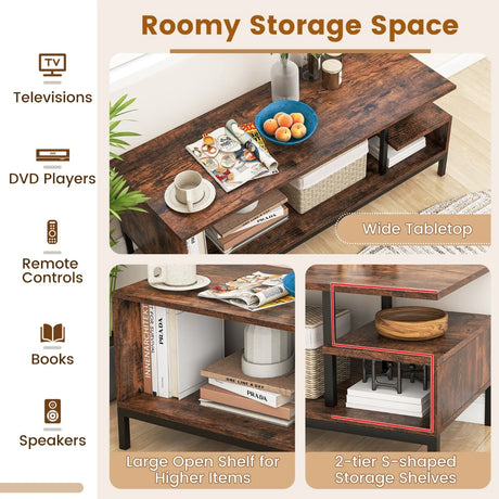 Industrial TV Stand for TVs up to 120 CM with Open Storage Shelves-Coffee