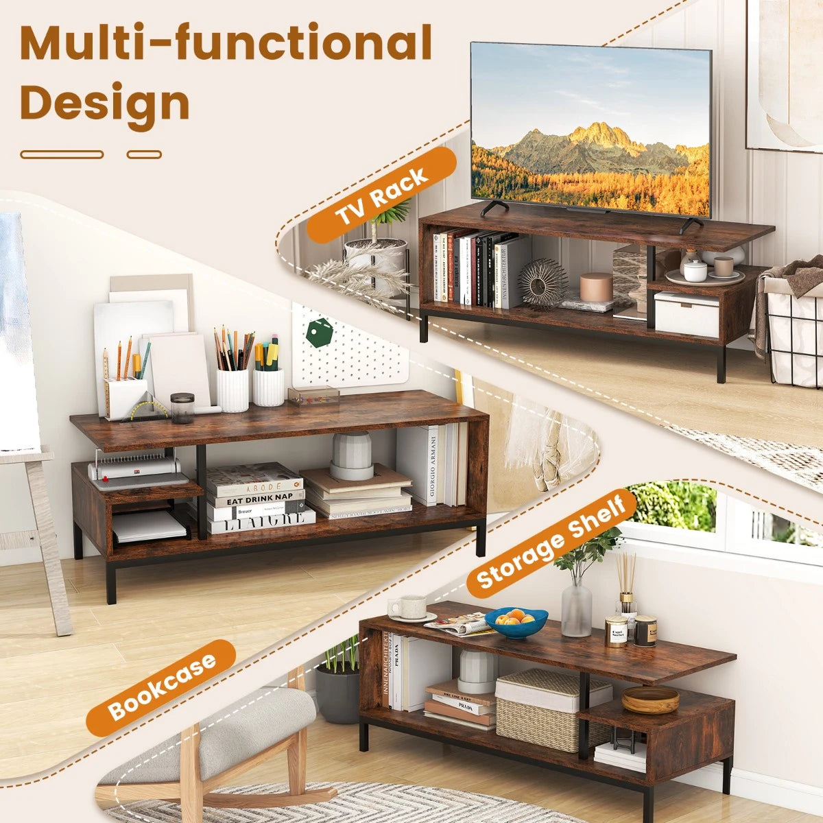 Industrial TV Stand for TVs up to 120 CM with Open Storage Shelves-Coffee