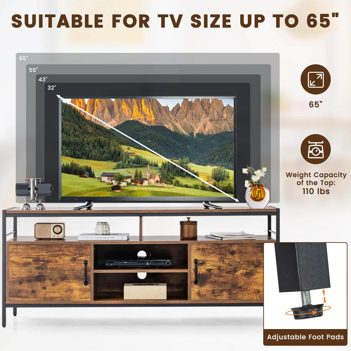 58 Inch Industrial TV Stand with Cabinets and Adjustable Shelf for TVs up to 65 Inch-Rustic Brwon